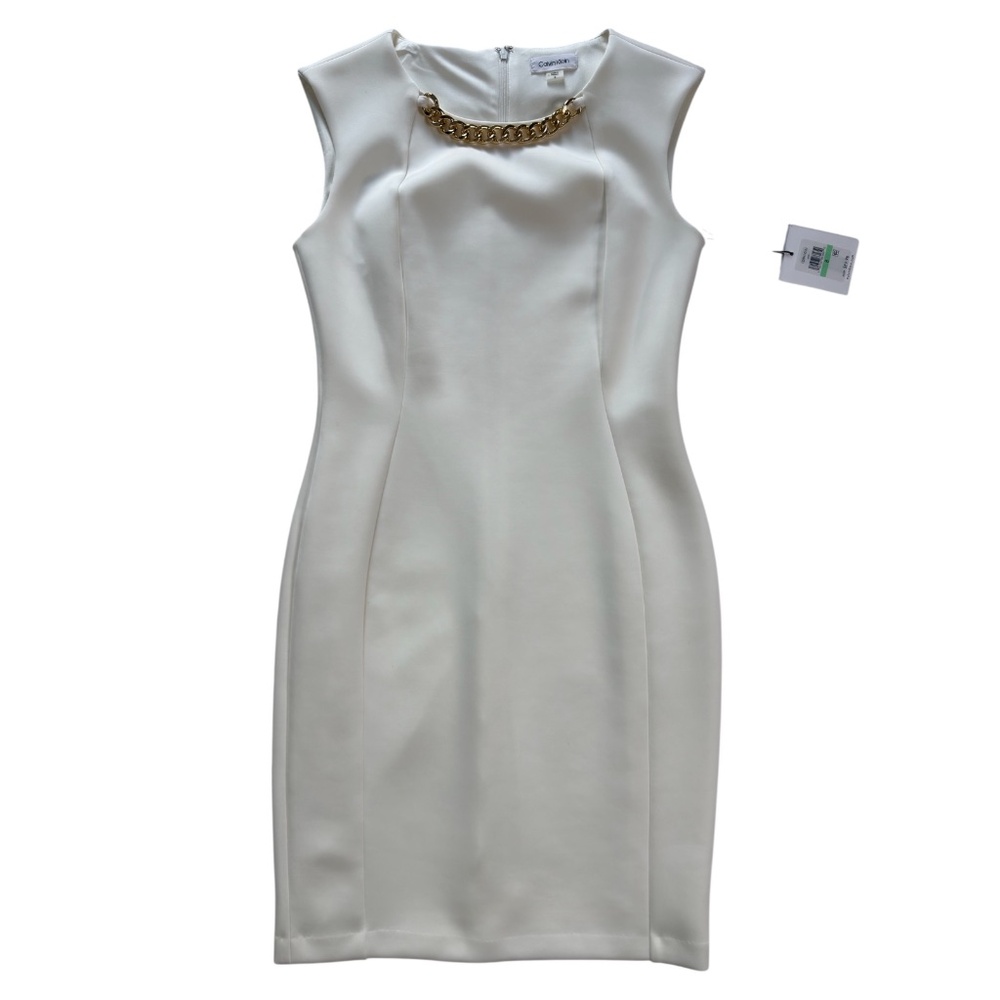 NWT Calvin Klein Cream Sleeveless Sheath Dress Gold Chain Office Bride Evening 8